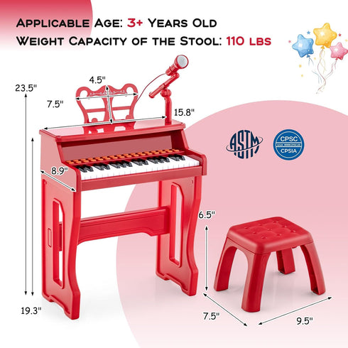 37-Key HONEY JOY Kids Piano, Red Kids Keyboard Piano w/ Music Stand & Bench, Gift for Babies w/ Microphone, Portable