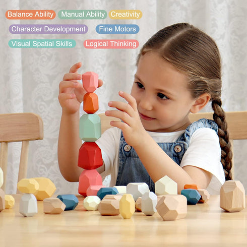 BESTAMTOY 36 PCS Wooden Sorting Stacking Rocks | Sensory Toddler Montessori Toys for Kids 3-6 Years