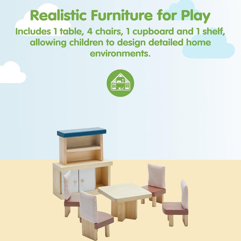 Set PlanToys Wooden Dining Room | Montessori Dollhouse Furniture with Table, Chairs, Cupboard and Shelf | Imaginative