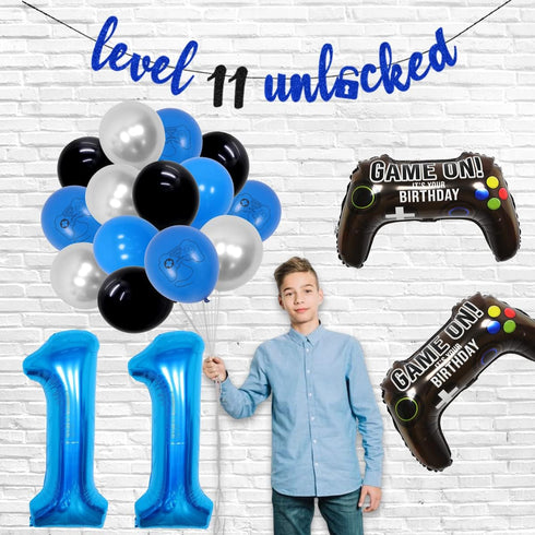 Video Game 11th Birthday Decorations for Boys, Level Up 11 Birthday Supplies, Unlocked Cake Topper Banner