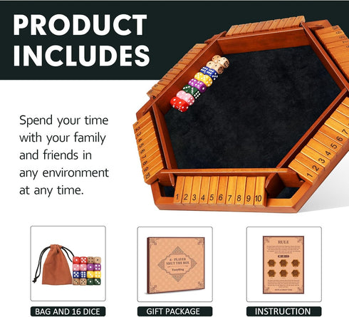 1-6 16 TooyBing Upgraded Players Shut The Box Dice Game, Wooden Board Table Family Game for Kids and Adults with Dice