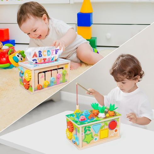 6-in-1 6+ 12-18 1 1-3, 1st Ancaixin Montessori Tissue Box Toy for Months Baby, Wooden Activity Cube, Puzzles Months