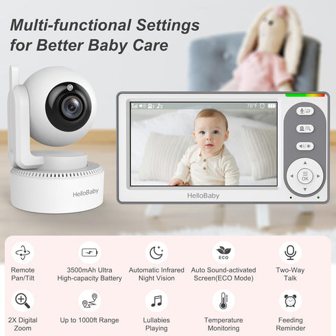 HelloBaby 4.3'' 30 8 1000ft Video Baby Monitor with Hours Battery, Remote Pan-Tilt-Zoom Baby Monitor No WiFi, Baby