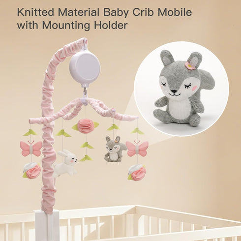 NICEMER 12 Baby Crib Mobile for Girls, Soft Knitted Woodland Characters Rabbit Squirrel, Pink and White Nursery Decor