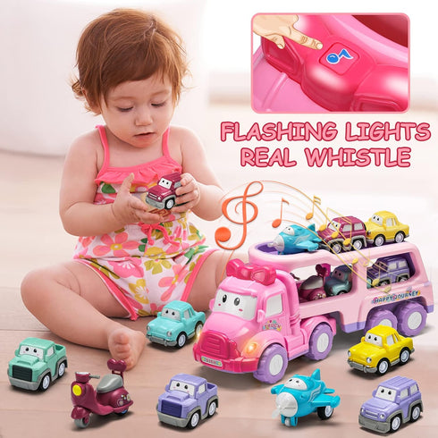 9-in-1 3 Cartoon Vehicle Toy for Toddler Girl, Pink Carrier Truck for Baby Girls, Friction Power Transport Car