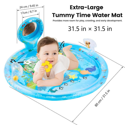 Tummy 31.5"31.5" 3-12 Time Mat Extra Large for Months Baby, Inflatable Water Playmat with Mirror, Teethers, Rattles