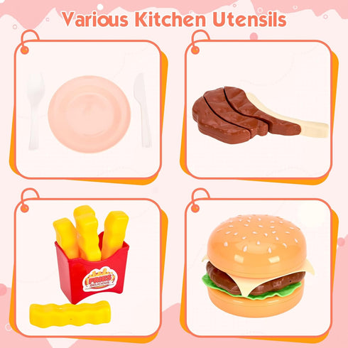 200Pcs Playset 2 Sets, Mini Play Kitchen Accessories for Kids, Pretend Cooking with Cookware, Tableware & Fruit