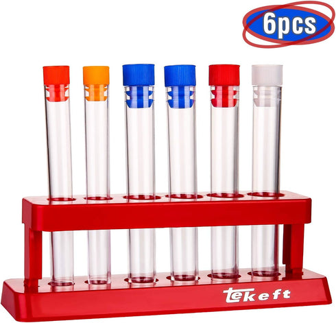 TEKEFT Set of 6 Assorted Color Plastic Test Tube Set, Caps and Rack, Scientific Experiment