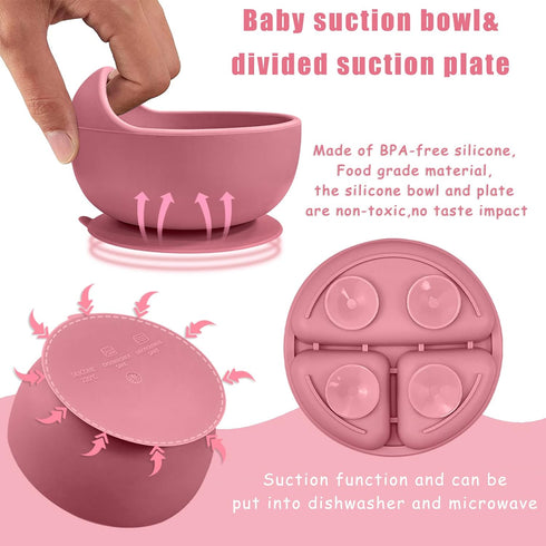 Silicone Baby Feeding Set, 12 Pack Baby Led Weaning Supplies, Suction Divided Plates, Toddler Soft Bowl, Spoons, Forks