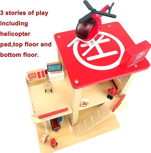 Wooden Fire Station Playset, Multicolor 3-Level Dollhouse with Figures and Accessories for Kids Age 3+