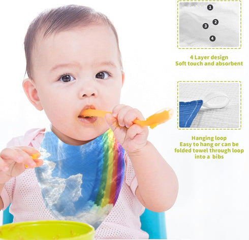 STAYTOP Pack 3 Rainbow Muslin Baby Washcloths of - Soft Face Cloths for Newborn, Absorbent Baby Bath and Face