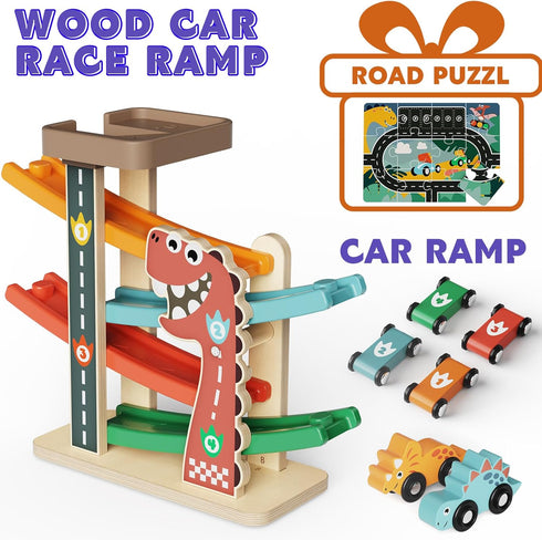 1-3, 6 4-Level 1 Wooden Car Ramp Toy for Toddlers Montessori Toy with Cars (Dinosaur & Racing), Car Ramp Race Track