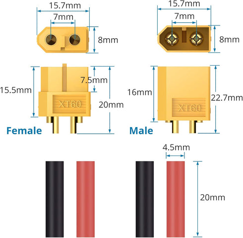 AUTOUTLET 10-Pair XT60 Power Connectors (M/F) with 20 Heat Shrink Tubes for RC LiPo Batteries