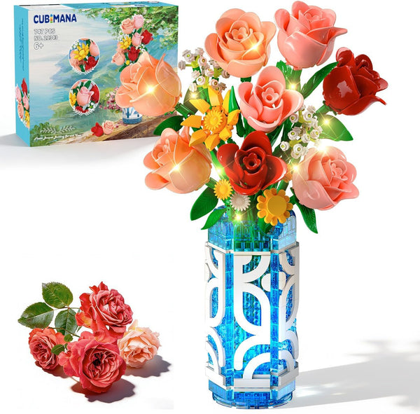 CUBIMANA 14 Flowers Bouquet Building Set with Vase and LED Light, for