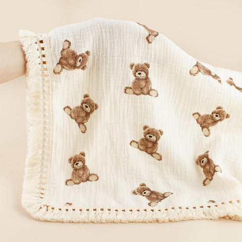 47" x40" Little Jump Cotton Muslin Swaddle Blankets with Tassel, Boho Bohimia Muslin Baby Blanket Neutral with Fringe