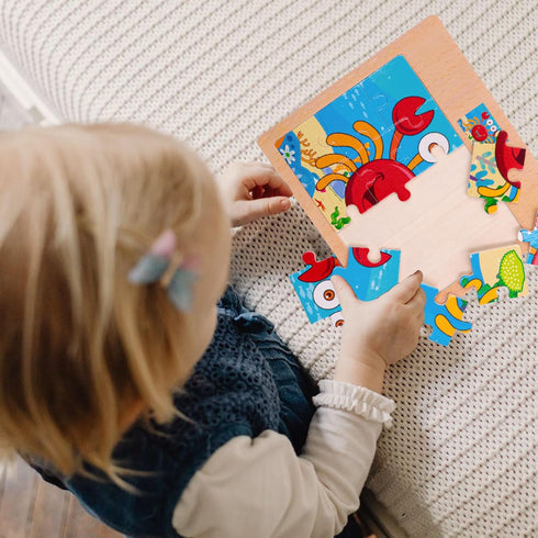 Wooden Jigsaw Puzzles Set - 12 Piece Colorful Educational Sea Animals for Kids 2-5 (4 Puzzles)