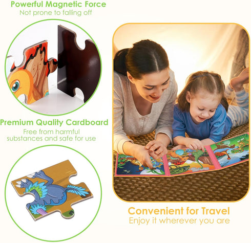 Magnetic Puzzles for Kids Ages 4-6, 20-Piece Travel Dinosaur Toddler Puzzles, Educational Learning Magnets for Road