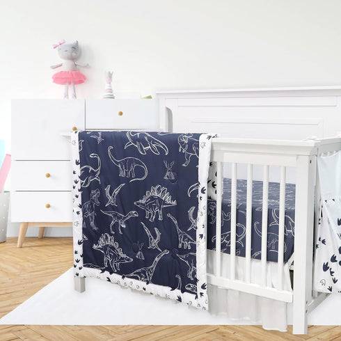 Set 4 Set Dinosaur Crib Bedding for Boys, Pieces Blue Baby Nursery Bedding for Standard Size Crib, Including Soft