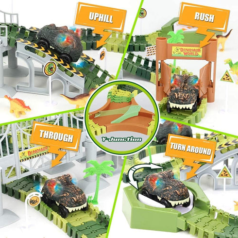 174 Playset 8 PCS Flexible Dinosaur Train Tracks and Race Cars with Dinosaurs Figures, Electric Vehicles, Lights