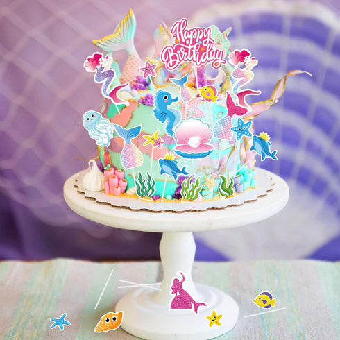 DPKOW 23pcs Iridescent Mermaid Birthday Cake Toppers, Ocean-Themed Cupcake Toppers for Kids Birthdays & Baby Showers