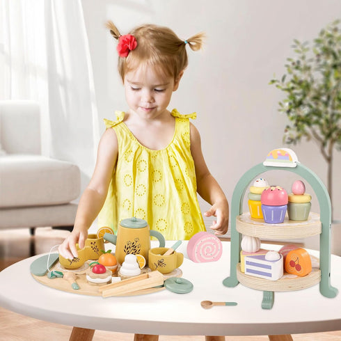 Set Set 2 3 4 5 6 Wooden Tea Party for Little Girls, Toddler Tea with Cupcake Stand & Food Dessert, Pretend Play Food