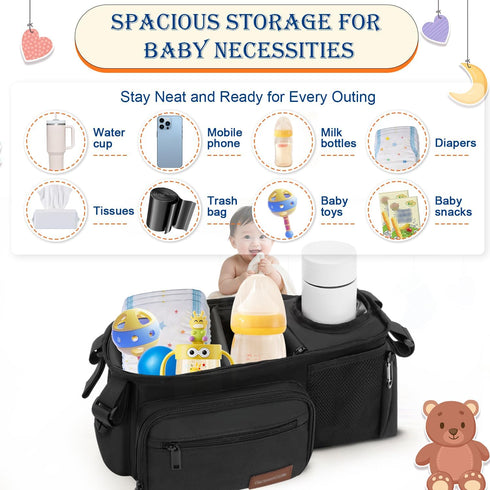 Generic 14"-19" Stroller Organizer Bag with Insulated Cup Holder & Adjustable Dividers, Non-Slip Stroller Caddy