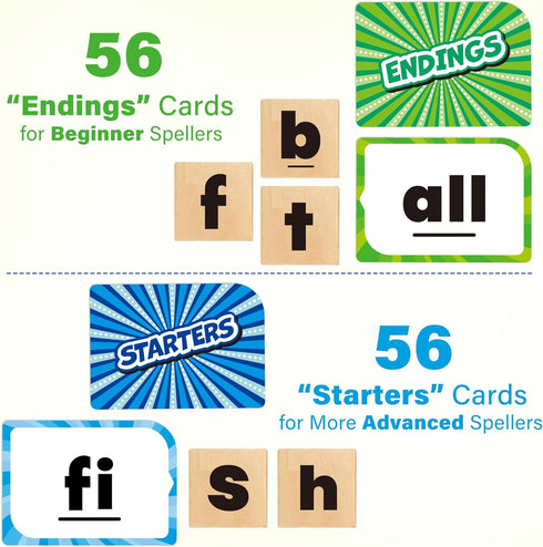 112 4+ 14 BenBen Family Spelling Games with Flash Cards & Wooden Letter Tiles, CVC Sight Word Building Phonics Game