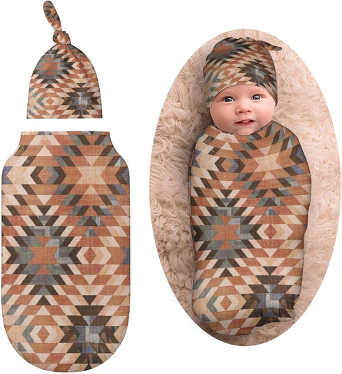 milanoir Southwestern Vintage Newborn Baby Swaddle Blanket With Beanie Hat Baby Receiving Blanket