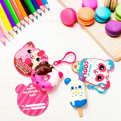 28 Packs JOYIN Valentine Dessert squishy toys Stress Relief Keychains with Cards for Classroom Exchange Prizes, Fidget