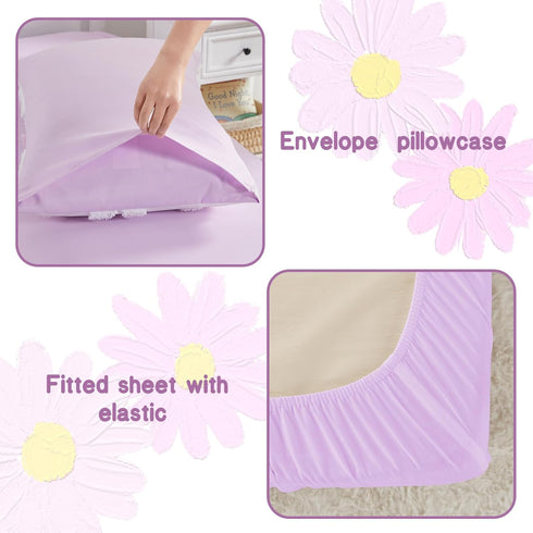 Set 4-Piece Set Set Set, Set, Toddler Bedding for Girls Purple Boho Tufted Daisy Flowers Toddler Bed Comforter