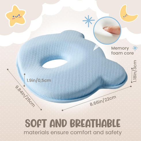 MarBoost Soft and Breathable Baby Pillow with Memory Foam and Bear Design (Blue)
