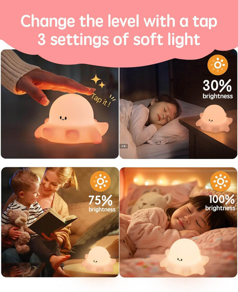 Lustrinex Dimmable Cute Octopus Rechargeable Silicone Night Light for Kids, Touch Control Nightlight with Timer