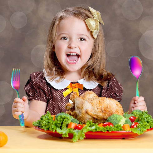 Pimoys 12 Pieces Kids Rainbow Utensils Set, Stainless Steel Safe Forks and Spoons, Dishwasher Safe Metal Cutlery