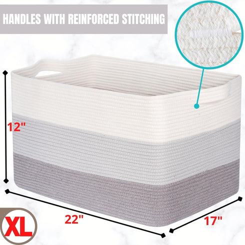 MINTWOOD Design Extra Large Blanket Basket Holder, Rectangle Rope Woven Storage Baskets with Handles, Light Gray