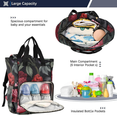 SPRIPORT Backpack Red Peonies Butterflies Diaper Bag for Baby Boys Girls Multifunction Travel Tote with Stroller Straps