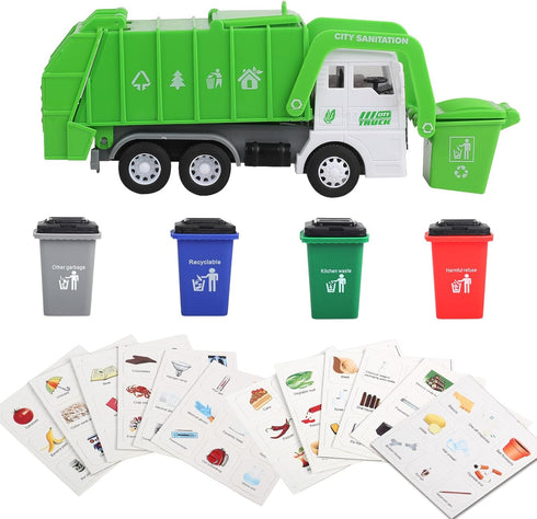 Set, 4 FIVEDAOGANG Small Friction Powered Garbage Truck Toys Includes Front Load Dumpster, Trash Bins and Trash