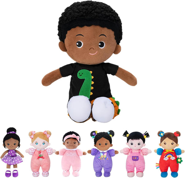 OUOZZZ 15" Soft Baby Doll for Boys Girls - African American Rag Doll, Cuddle Buddy Dinosaur Plush Toy for Kids
