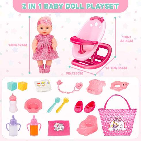Playset Set 2 1 13 Inch 3+ deAO Baby Doll Baby Doll Crib Bed Adjustable in Baby High Chair and Rocking Bed, Baby Doll