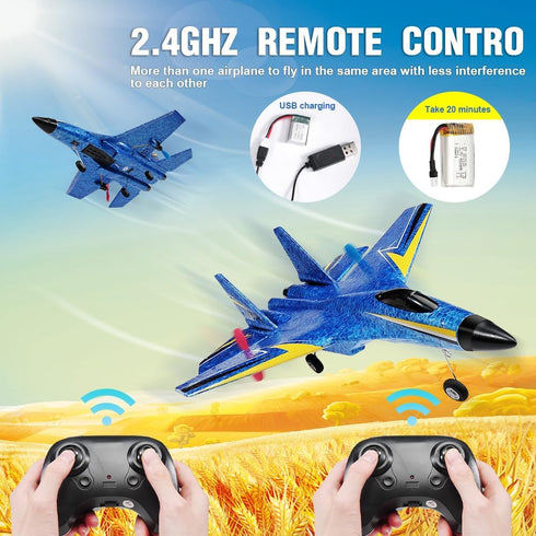 Su-27 RC Airplane, 2.4GHz 2 Channel Remote Control Plane with Gyro Night Lights and 2 Batteries, Easy to Fly Toy