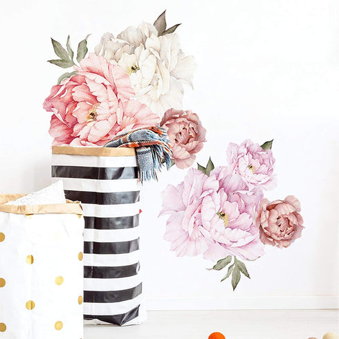Watercolor Peony Flowers Wall Decals, Floral Wall Stickers for Living Room, White & Pink Flowers Art