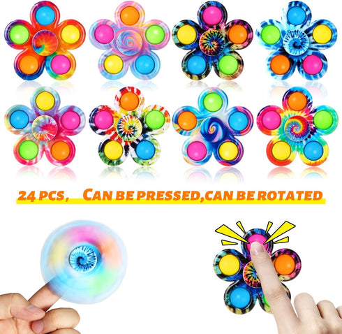 24 Packs, SCIONE Pcs Tie Dye Fidget Spinners, Sensory Toys for Kids, Flower Simple Dimple Hand Spinners, Stress Relief