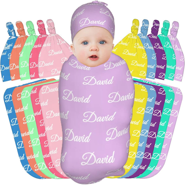 SeeWeLove Personalized Custom Baby Blanket and Hat with Name - Babies Colorful Blankets