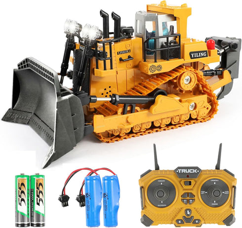 Metal RC Bulldozer Toy for Kids 11-Channel Remote Control Dozer with Lights