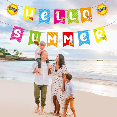 Hello Summer Banner, No DIY Summer Party Decorations, Tropical Party Supplies for Birthday Beach Pool Decorations