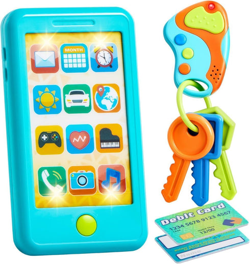 Pretend Toddler Play Phone, Learning Toy Set with Keyfob and Credit Cards, Kids Cellphone Toys for 1-3 Year Olds