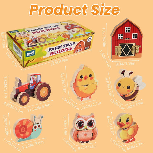 HUZU Farm Snap Wooden Blocks Montessori Building Toy for Toddler Kids, Moving Wheels Tractor, Lockable Door Barn, Mix