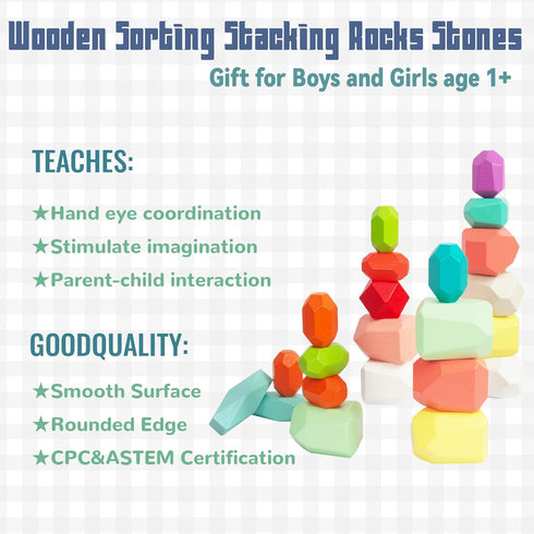 48 PCS Wooden Sorting Stacking Rocks Stones - Sensory Toddler Toys Learning Montessori STEM Building Blocks Game for