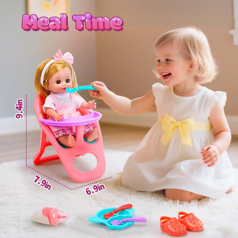 Playset CUTE STONE Baby Doll with Stroller for Girls Pretend Play Baby Care Toy with High Chair, Clothes & Accessories
