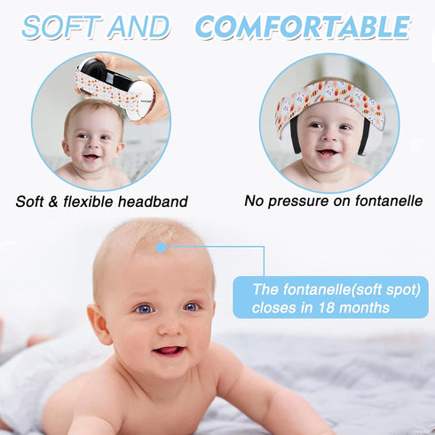 Infant Noise Cancelling Ear Protection Muffs, Adjustable Elastic Headband for Toddler Hearing (Bear, White)