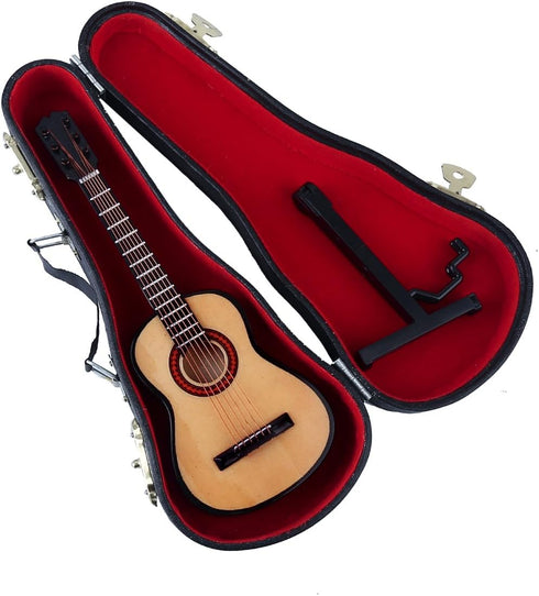 Wooden Miniature Guitar with Stand and Case, Collectible Figurines Dollhouse Accessories Model Home Decoration